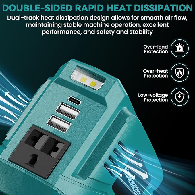 200W Power Inverter for Makita 18V, DC 18V to AC 110V Inverter, Portable Power Station with 2 USB Ports & 1 AC Outlet & 1 Type-C Fast Charging, Battery Adapter with LED, Battery Not Included