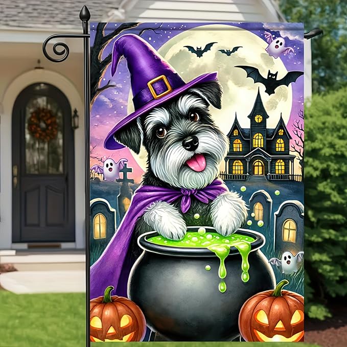 Halloween Schnauzer Garden Flag 12x18 Vertical Double Sided Happy Halloween Pumpkin Dog Garden Flag Holiday Outside Decorations Yard Flag Funny Yard Flags Outside Decor Banner
