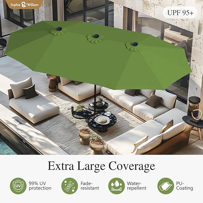 Sophia & William 15 ft Extra Large Patio Umbrella with Base Included, Rectangular Outdoor Umbrella Heavy Duty, Market Umbrella Double-sided Fade Resistant for Pool Garden Backyard, Lime