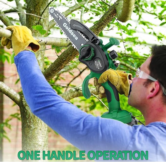 Mini Electric Chainsaw 6 inch, Goldsea Cordless Chainsaw with 2 Rechargeable Battery 21v and chains, Small Powered Handheld Chain Saws for Gardening Wood/Tree Cutting Branches