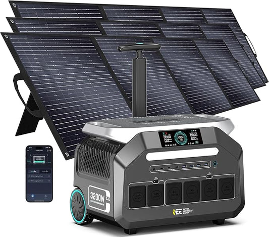 IEE P3200 Solar Generator With 3 * 200W Solar Panel, 2048Wh/3200W Power Station(6400W Peak),1800W Super Fast Charging,APP Control Emergency Power Station for Home, Camping, Power Outages