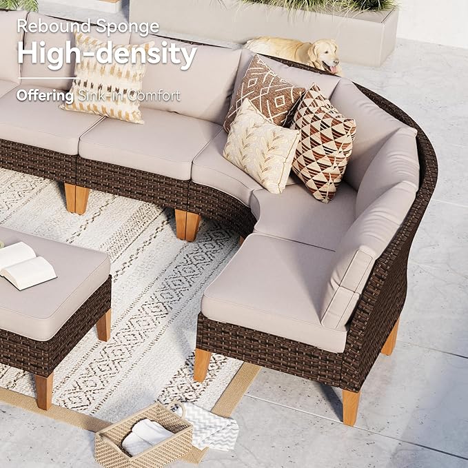 GREEN PARTY 8 Pieces Wicker Patio Furniture Set, All-Weather Outdoor Rattan Half-Moon Curved Patio Sectional Sofa Conversation Set with 4" Thick Cushions for Garden, Backyard, 2 x Ottomans