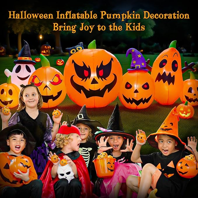 9 FT Halloween Inflatables Pumpkin Outdoor Decorations with Cute Chost Cat and Witch Hat Built-in LEDs Blow Up Pumpkin for Party Yard Lawn Garden Outside Decor