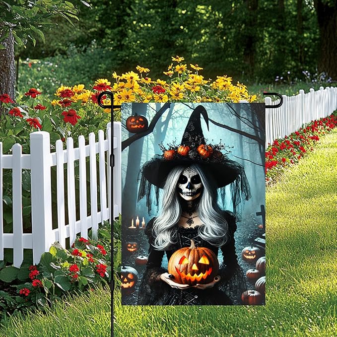 Halloween Garden Flag 12x18 Inch Gothic Witch Holding Pumpkin Scary Skeleton Woman Yard Banner Spooky Outdoor Halloween Decoration for Porch Lawn Graveyard
