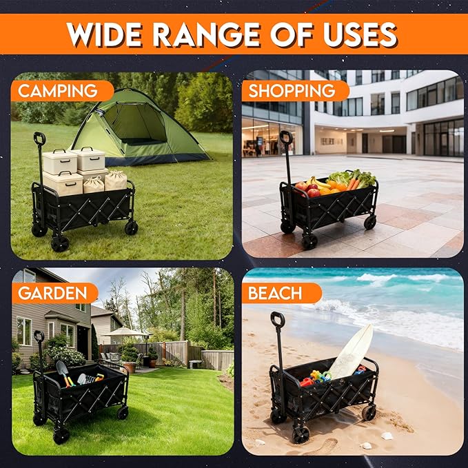 Collapsible Wagon Cart with Wheels, 360 lbs Wagons Carts Foldable Wagon Cart with Flexible Handle, Lightweight Portable Folding Utility Grocery Shopping Cart for Camping Grocery Sports Garden