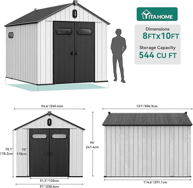 YITAHOME 8x10ft Resin Storage Structure, Outdoor 544 cuft Plastic Garden Storage Unit with Windows, Vents and Lockable Entrance, Waterproof Tool Organizer with Flooring for Lawn Equipment，Gray