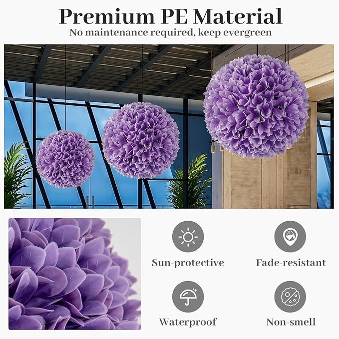 Goplus 11 Inch Topiary Balls Artificial Outdoor Set of 2, Faux Boxwood Ball, Fake Plant Sphere, Round Artificial Plant Balls for Front Door, Porch, Backyard, Balcony, Home Décor (Purple)