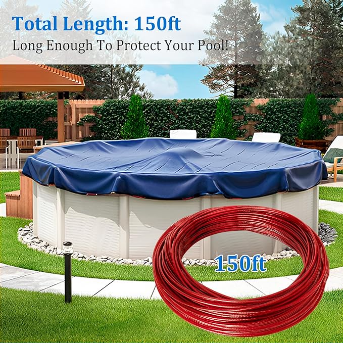 Belleone Swimming Pool Cover Cable and Winch Kit - 150ft Plastic-Coated Steel Pool Cover Wire & Aluminum Spring Loaded Pool Cover Ratchet for Above Ground Swimming Pool Winter Safe (Red)