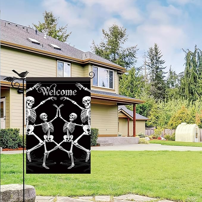 Halloween Garden Flag Dancing Skeleton Welcome Flag 12x18 Inch Double Sided Gothic Outdoor House Yard Banner for Lawn Porch Patio Spooky Skull Holiday Decoration Black Background Decor