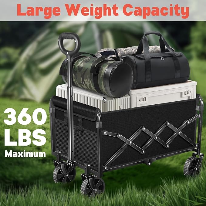 Wagons Carts Foldable,360 lbs Collapsible Wagon with Wheels Foldable Wagon Cart with Flexible Handle,Lightweight Portable Folding Cart for Camping Beach Picinic Grocery Sports Shopping Classic Black