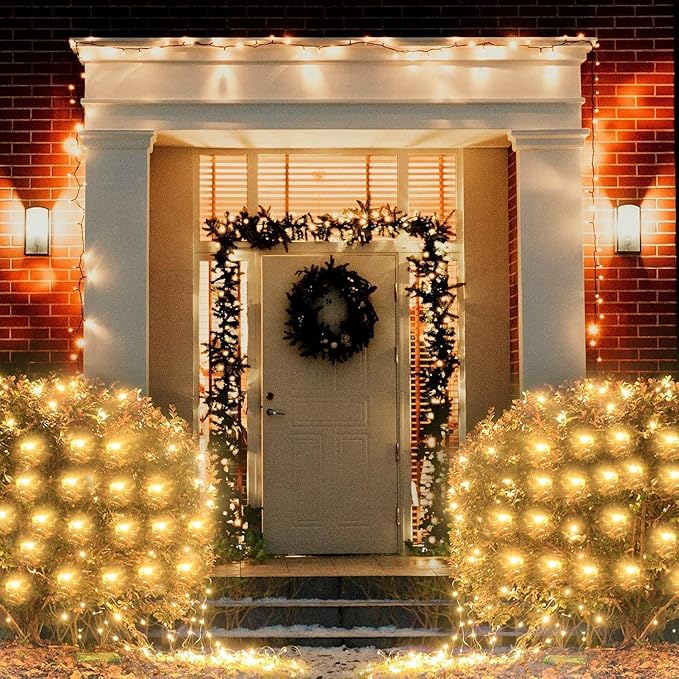Christmas Net Lights, 610 LED Large Outdoor Net Mesh Lights 34.5X 5ft, 8 Modes Waterproof Twinkle String Lights Connectable for Bushes Halloween Yard Decor, Warm White