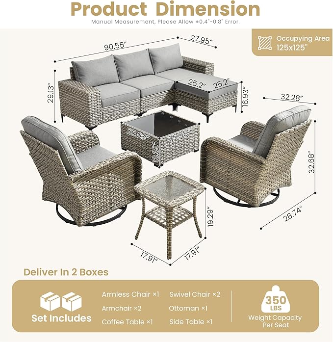 HOOOWOOO Outdoor Sectional Furniture Set,8 Pieces Wicker Patio Conversation Sets,L Shape All Weather Outside Couch Sofa Set with Swivel Chairs Solar Light Table Ottoman,Charcoal Gray