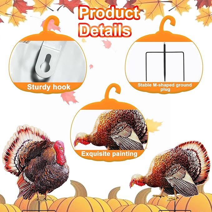 A Set of Metal Turkey Garden Wooden Stakes, 2 Outdoor Thanksgiving Yard Decorations, Colorful Turkey Garden Statues, Waterproof and Stable (Colorful Turkeys)