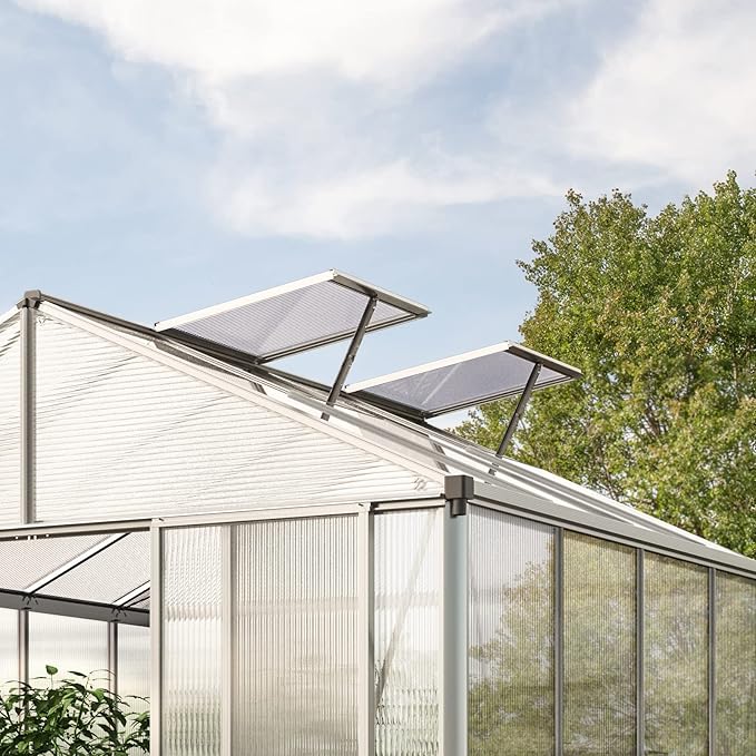 Greenhouse Rubin 7 Aluminum Frame 8.6 x 14.6 ft with Approx. 10 mm Polycarbonate Panels - with 2 Extra Skylights and 4 Automatic Window Openers