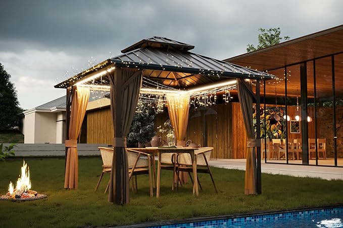 10' x 10' Outdoor Hardtop Gazebo Aluminum Frame with Double Metal Roof, Canopy Netting, Curtain, Patio Permanent Galvanized Steel Gazebo for Backyard, Garden, Party, Deck, Lawn
