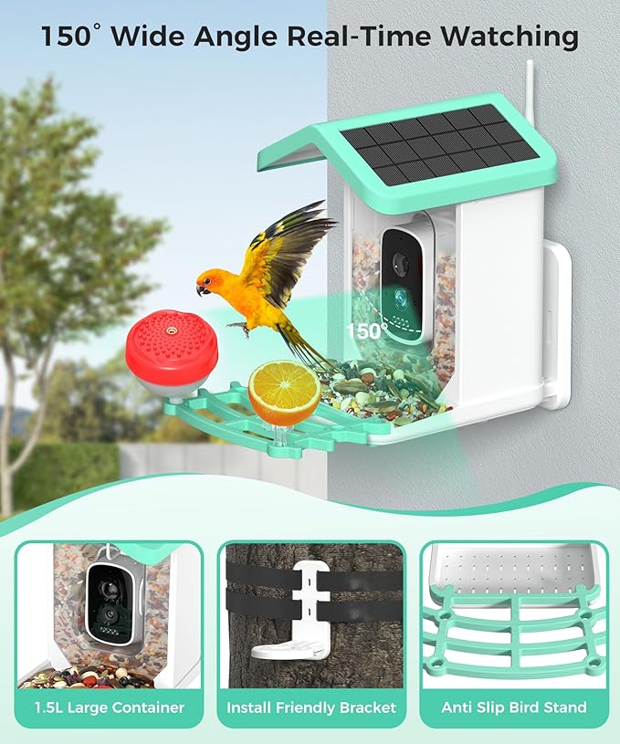 Bird Feeder with Camera, 4K HD AI Identify Bird Species Solar Panel, Smart Birdhouse with Cam, Auto Capture& Motion Detection for Watching, Video Live View, Instant Arrival Alerts