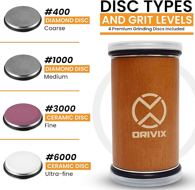 Rolling Knife Sharpener Kit – Magnetic 4-Angle Base, 3.86 Inches Longer Wooden Roller, 4 Grit Discs (1000/400 Diamond & 3000 Maroon / 6000 White Ceramic) and Leather Strop