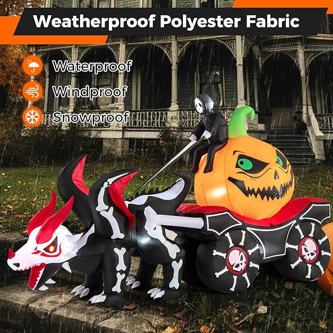 Goplus 9 FT Halloween Inflatable Outdoor Decoration, Blow up Grim Reaper Driving Pumpkin Carriage with Skeleton Dragon & Skull Wheels, Built-in LED Lights, Holiday Decorations for Garden, Yard & Lawn