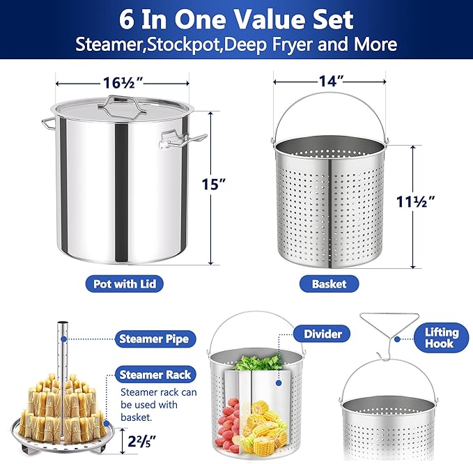ARC 52QT Stainless Steel Turkey Fryer Pot with 36" Mixing Paddle, Propane Burners Kit, Tamale Steamer Pot with Basket, Steamer Rack, for Outdoor Cooking, Seafood Boil, Crawfish Boil, Home Brewing