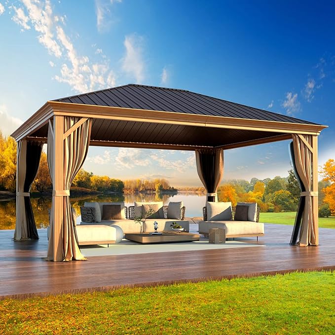 MELLCOM 12'x16' Gazebo, Wood Looking Gazebo with Aluminum Frame and Single Galvanized Steel Roof, Outdoor Permanent Metal Pavilion with Curtains and Nettings for Deck, Backyard and Patio