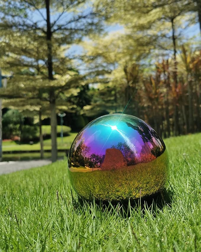 Rainbow Gazing Globe Mirror Ball in Stainless Steel, Shiny Hollow Sphere Sparkling Housewarming Outdoor Ornament (8 Inch)