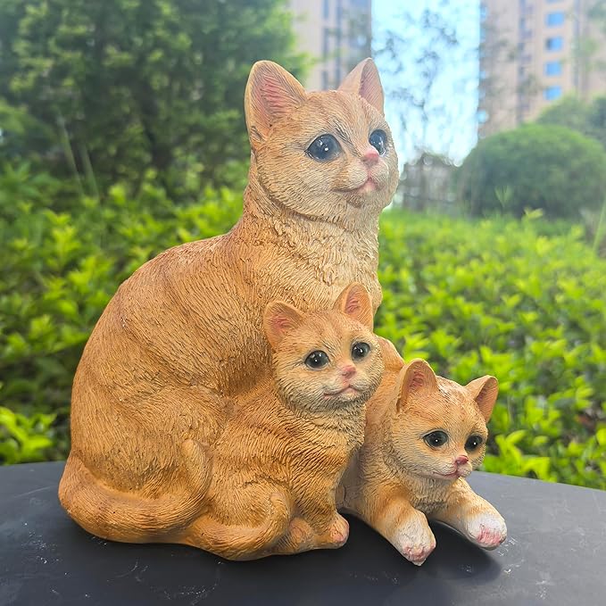 Mama Cat and Kitten Garden Statue,Outdoor Lawn Decorative Figurine Yellow Cat Statue for Patio Yard,Funny Animal Flower Bed Decor Art Sculpture