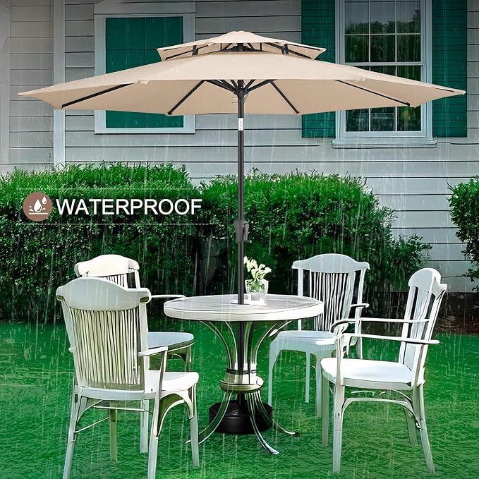 FLAME&SHADE 9ft Patio Umbrella - 2 Tiers Outdoor Umbrella with Push Button Tilt and Crank for UV Protection, Table Market Umbrella for Garden, Deck, Backyard, Pool and Beach(Beige)
