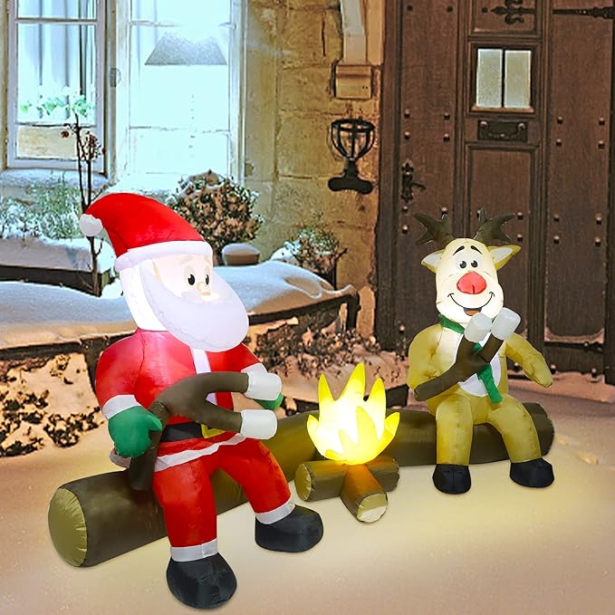 Joliyoou 7FT Christmas Inflatable Decorations, Blowup Santa and Reindeer Roasting Marshmallows Over Campfire, Lighted Xmas Inflatable for Yard Front Door Outdoor Indoor Decor