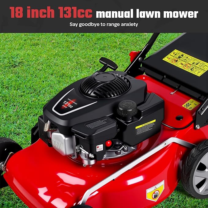 3 in 1 Self-Propelled Lawn Mower, 18 Inch 131cc Gas Powered Walk Behind Mower with Mulch/Side Discharge/Rear Bag, Rear Wheel Drive for Yard & Garden Red