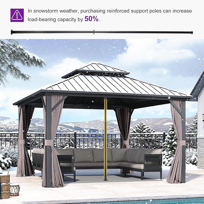 PURPLE LEAF 12'x12' Hardtop Gazebo with Lights Heavy-Duty Galvanized Steel Double Roof Outdoor Patio Gazebo Including Netting and Curtains for Garden Lawn Backyard Grey