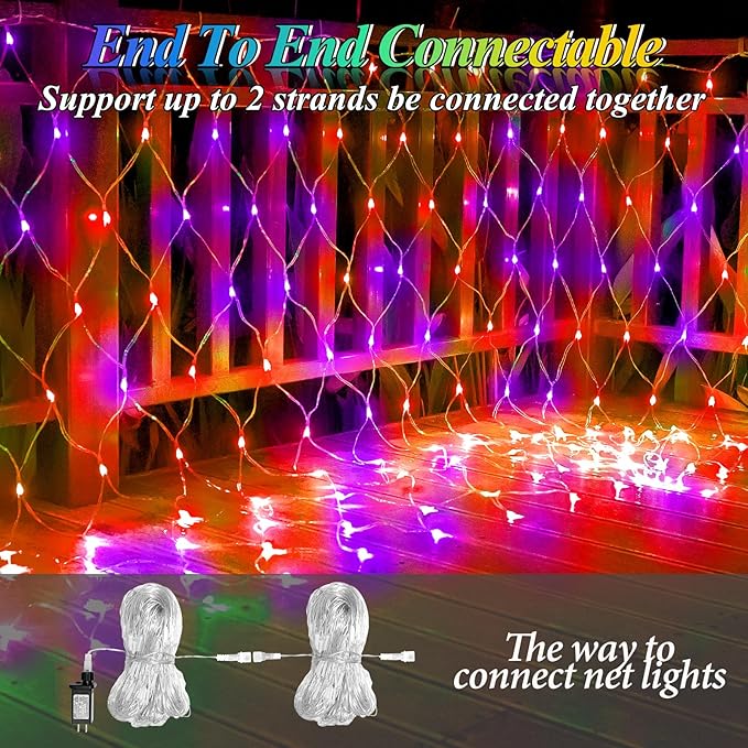 510LED Halloween Net Lights, 27.9ft x 5ft Outdoor Mesh Lights Purple Orange Clear Wire, 8 Modes & Timer, Waterproof Connectable String Lights for Bushes Xmas Tree Garden Holiday Party
