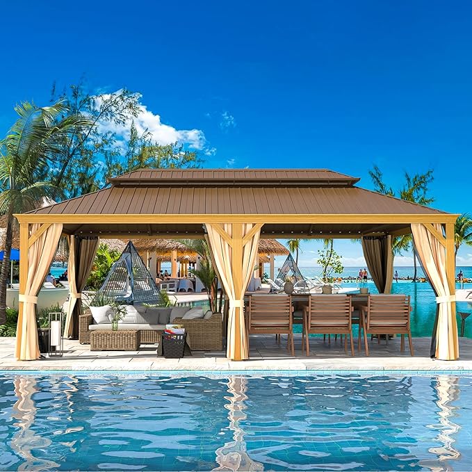 MELLCOM 14' x 22' Gazebo, Hardtop Gazebo Wood-Looking with Galvanized Steel Double Roof, Aluminum Frame, Outdoor Permanent Metal Pavilion with Netting and Curtains for Deck, Backyard, Patio and Lawns