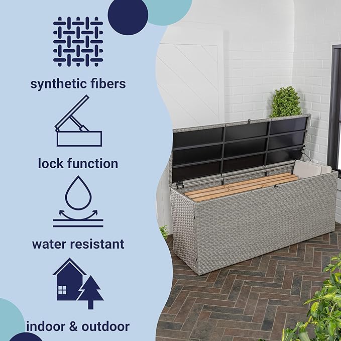 happimess TRK1002A Nino 59.06" Modern Minimalist Outdoor Faux Wicker Deck and Patio Storage Box, Gray, Soft-Close, for Package Delivery, Patio Furniture, Cushions, Gardening Tools, Pool Supplies