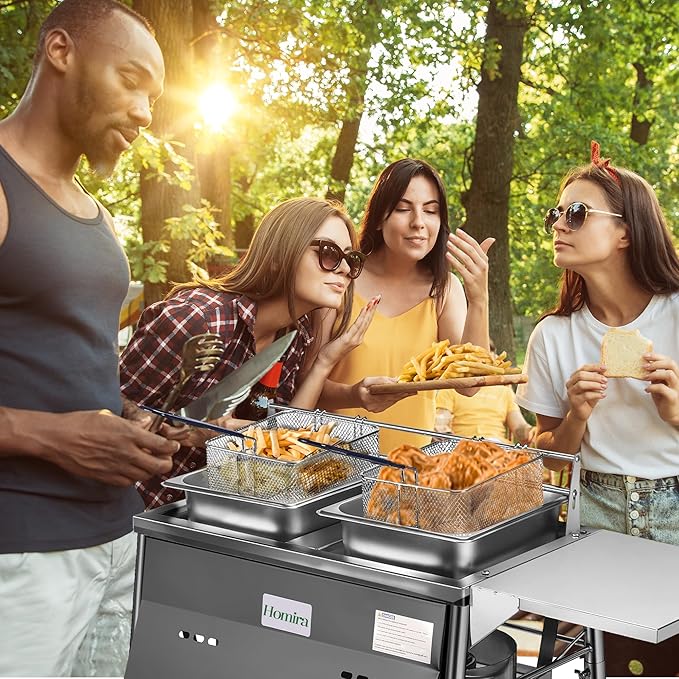 HOMIRA Iron Two-Tank Propane Deep Fryer with Thermometer, 2 Stainless Steel Baskets and Lids Fish Fryer with Adjustable Temperature Regulator, Outdoor Dual Fryer for Frying