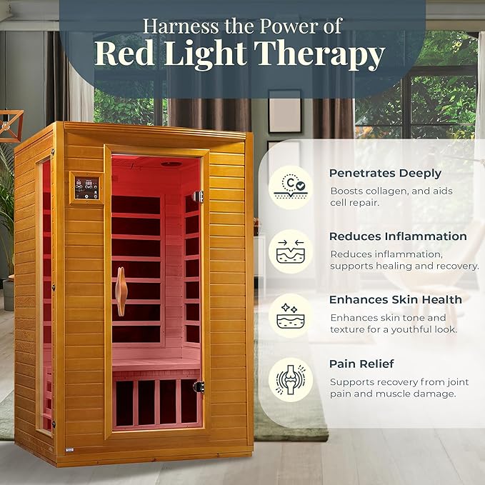 Dynamic Saunas Andora 2-Person Low EMF FAR Infrared Sauna with Red Light Therapy & Bluetooth Speakers | Personal Indoor Dry Heat Sauna for Home & Gym – Made from Canadian Hemlock