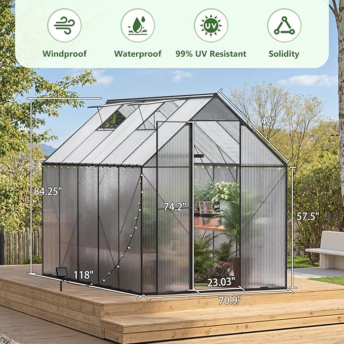 6X10 FT Greenhouse for Outdoors, Heavy Duty Polycarbonate Greenhouses, Large Walk-in Greenhouse with Roof Vent, Aluminum Hot House for Garden & Backyard