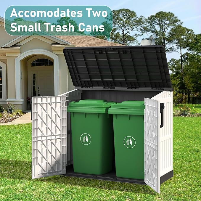 KAMABOKO Outdoor Storage Cabinet 36 Cu.Ft Outdoor Trash Can Storage Shed Waterproof Horizontal Storage Shed Outdoor Storage for Backyard, Patio, Poolside (White)