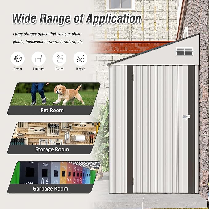 8x4 FT Outdoor Storage Shed, Metal Shed with Floor, Lockable Door, Sloping Roof, All-Weather Lean to Resin Shed for Garden, Backyard, Patio, Lawn (White)