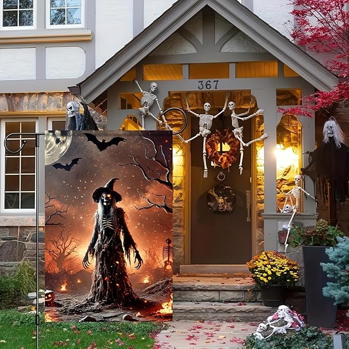 Witch Halloween Garden Flag 12x18 Double-Sided Spooky Bats Scary Skeleton Witch Garden Flag Outdoor Lawn Fall Decoration Banner Holiday Seasonal Yard Flag