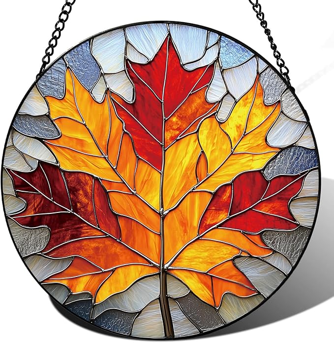 Rustic Autumn Maple Leaves Suncatcher -7.9 in Stained Glass Window Hanging Sun Catcher Garden Decor