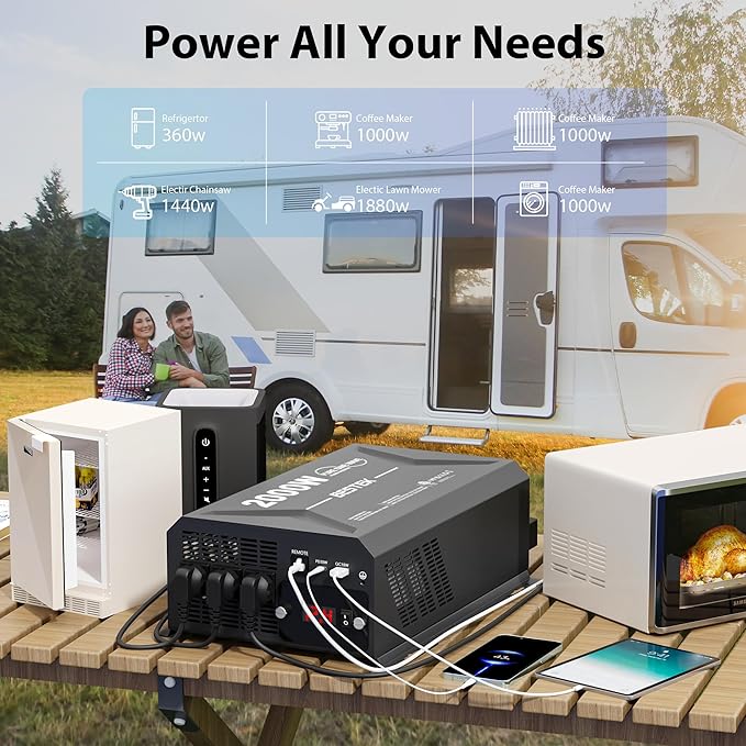 2000 Watt Pure Sine Wave Power Inverter, 12V DC to 110/120V AC Inverter with 3 AC Outlets, Remote, PD 3.0 USB Port, QC 18W, Remote Controller, LED Display,For RV Solar Systems,Semi Truck,Vehicles,Boat