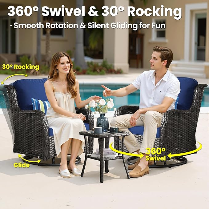 ovios 5 Pieces Patio Furniture Set, Outdoor Wicker Sofa Couch with Swivel Chairs 42" Fire Pit Table, High Back All Weather Modern Conversation Sets, Brown Rattan, Navy Blue
