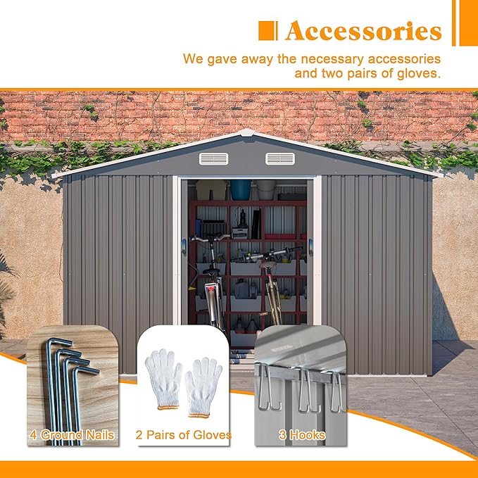 10x8 FT Sheds & Outdoor Storage Shed with Floor Frame, Metal Shed Included Lockable Sliding Door and Air Vents Foundation Steel Garden Shed with Waterproof Roof Ideal for Backyard Patio (Dark Gray