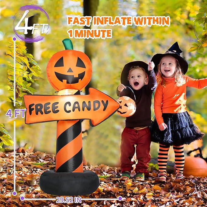 Halloween Inflatable Decoration Sign 4 FT Halloween Inflatables Outdoor Blow up Outdoor Halloween Inflatables Decorations with LED Light Built-in for Holiday Party Yard Decor