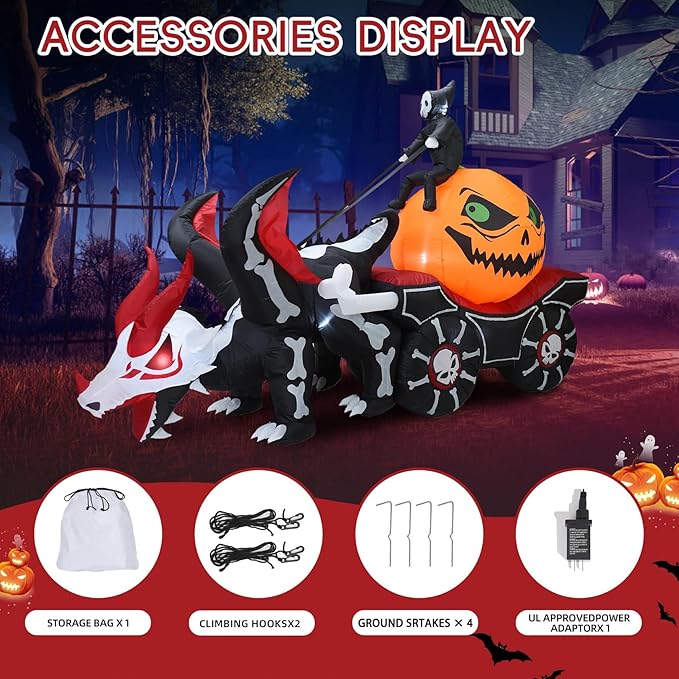DearSun 9FT L Halloween Inflatable Carriage, Grim Reaper Sits on Pumpkin and Drives Skeleton Dragon Carriage with Build-in LED Lights, Blow up Halloween Inflatable Outdoor Decorations