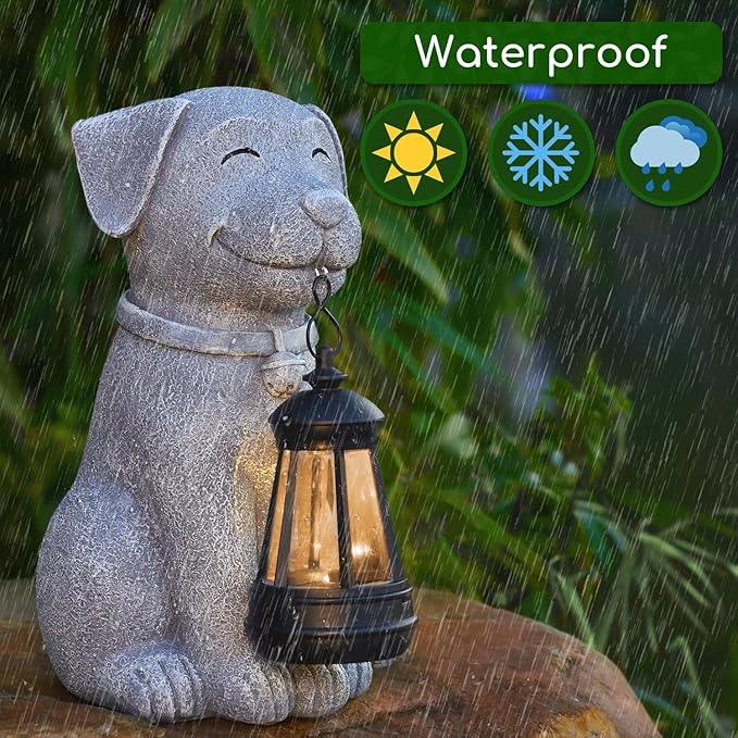 Dog Solar Garden Outdoor Statues, Resin Dog Figurine Decorations with Solar Lights Lantern for Patio, Balcony, Home, Yard Art, Lawn Ornaments, Porch, Garden Gifts for Grandma Mom Women