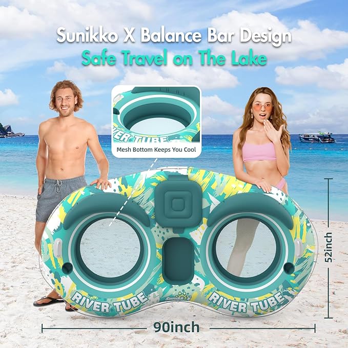 5-in-1 Pool Floats Adult Heavy Duty River Tube, 2 Person Water Lounge with Backrests, Built-in Cooler, Cup Holders, Deluxe Pool Float for Summer Relaxation