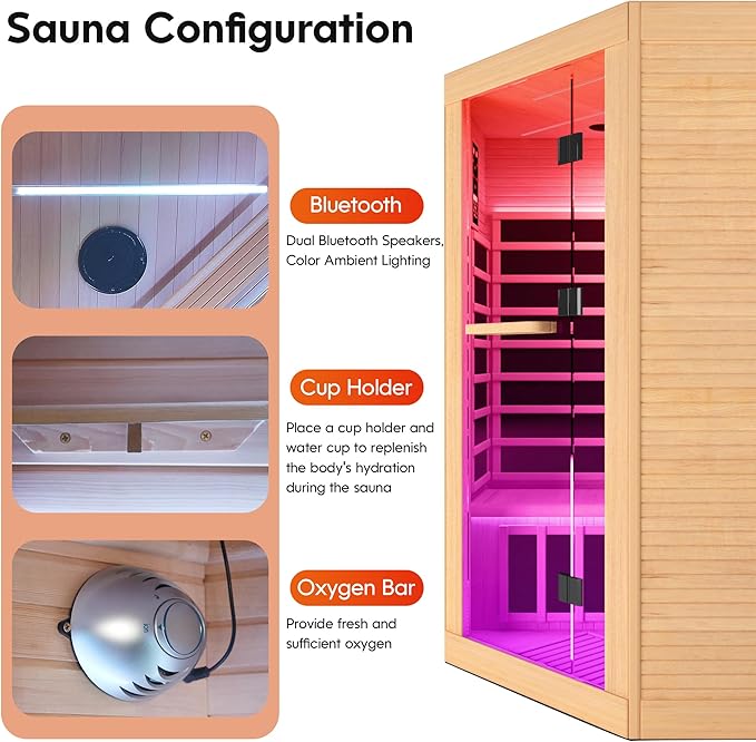 Corner Sauna for 2-3 Person Far Infrared Saunas Room Home Canadian Hemlock Indoor 2180W Low-EMF Dry Saunas with 7 Color Therapy 47.2 * 47.2 * 74.8inch