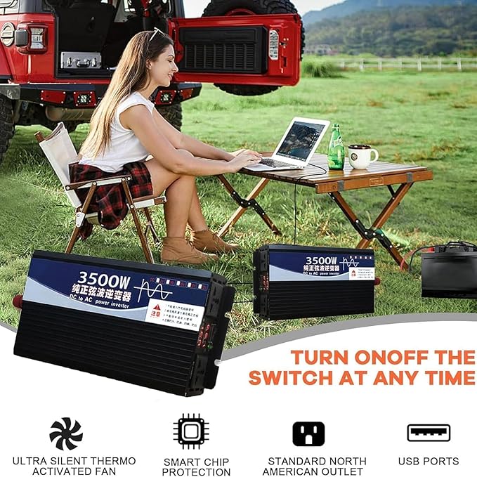 3500 Watt Power Inverter 72V DC to 110V AC Converter, RV Inverter, LED Display with 2 AC Outlets Dual Fans Radiating, for RV, Camp and Home, Electric Tool Pure Sine Wave Inverter (110V, 3500W, 72V)