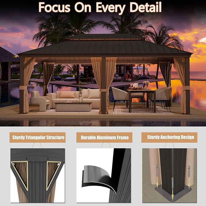 12'x18' Hardtop Gazebo, Outdoor Aluminum Patio Gazebo Double Roof Galvanized Steel Canopy with Netting and Curtains,for Garden, Patio, Backyard, Deck and Lawns.
